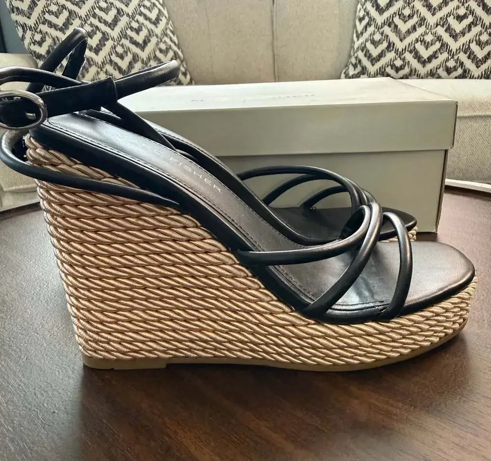 Marc Fisher Zeki Women's Black Ankle Strap Espadrille Wedge Sandals